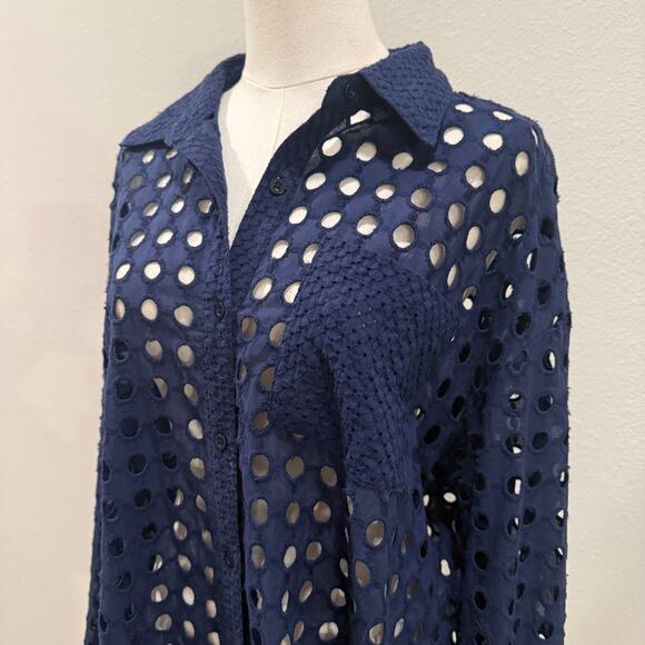 ADIVA Navy Blue Eyelet Holes Button Down Oversized Boho Beach Cover Up Top Large - Picture 4 of 7